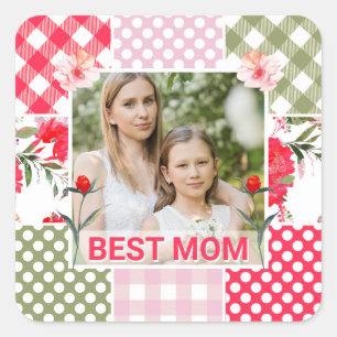Floral & Plaid Photo Frame Mother's Day Square Sticker
