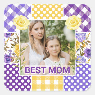 Floral & Plaid Photo Frame Mother's Day Square Sticker