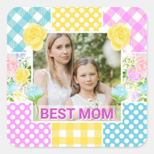 Floral & Plaid Photo Frame Mother's Day Square Sticker