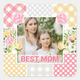 Floral & Plaid Photo Frame Mother's Day Square Sticker