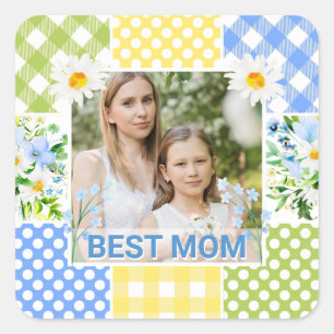Floral & Plaid Photo Frame Mother's Day Square Sticker