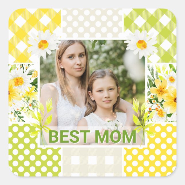 Floral & Plaid Photo Frame Mother's Day Square Sticker (Front)