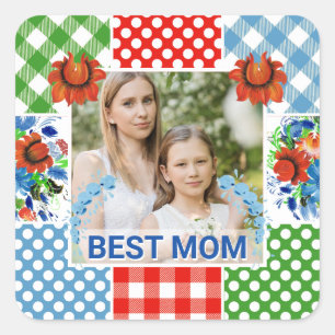 Floral & Plaid Photo Frame Mother's Day Square Sticker