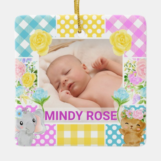 Floral & Plaid Photo Frame Newborn Baby Ceramic Ornament (Front)