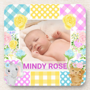Floral & Plaid Photo Frame Newborn Baby Coaster