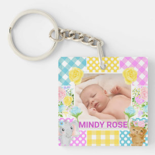 Floral & Plaid Photo Frame Newborn Baby Key Ring