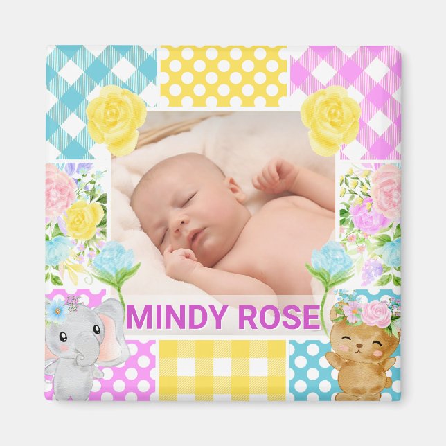 Floral & Plaid Photo Frame Newborn Baby Magnet (Front)