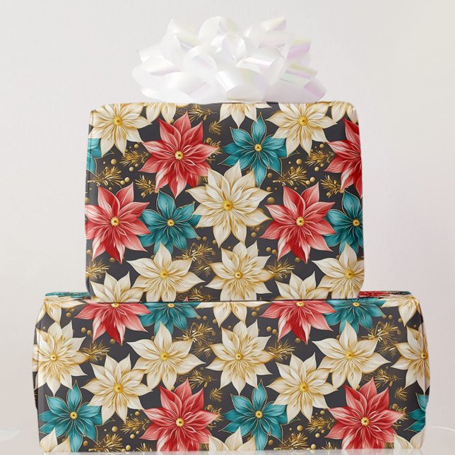 Floral Poinsettia Christmas Designer Red Turquoise Wrapping Paper (Creator Uploaded)