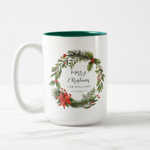 Floral Poinsettia Family Christmas Red Berries Two-Tone Coffee Mug