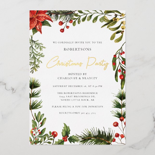 Floral Poinsettia Greenery Christmas Party Gold (Front)