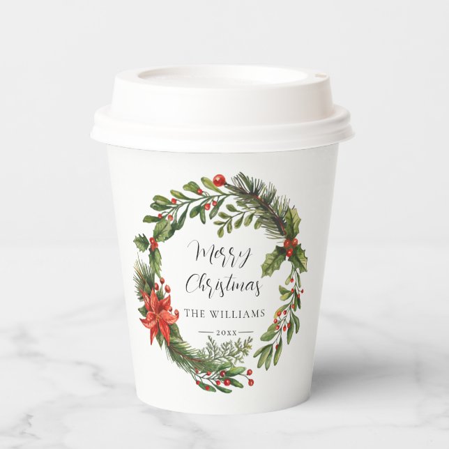 Floral Poinsettia Greenery Family Christmas Custom Paper Cups (Front)