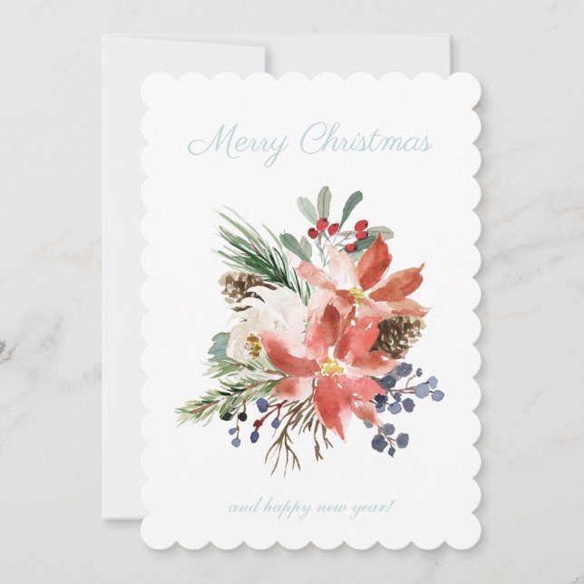 Floral Poinsettia Light Blue Plaid Check Christmas Holiday Card (Front)