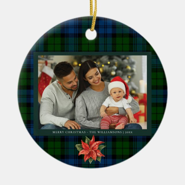 Floral Poinsettia Plaid Family Photo Tartan Ceramic Ornament (Front)