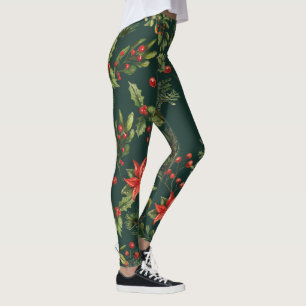 Floral Poinsettia Red Berries Botanical Leggings