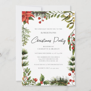 Floral Poinsettia Script Greenery Christmas Party Invitation
