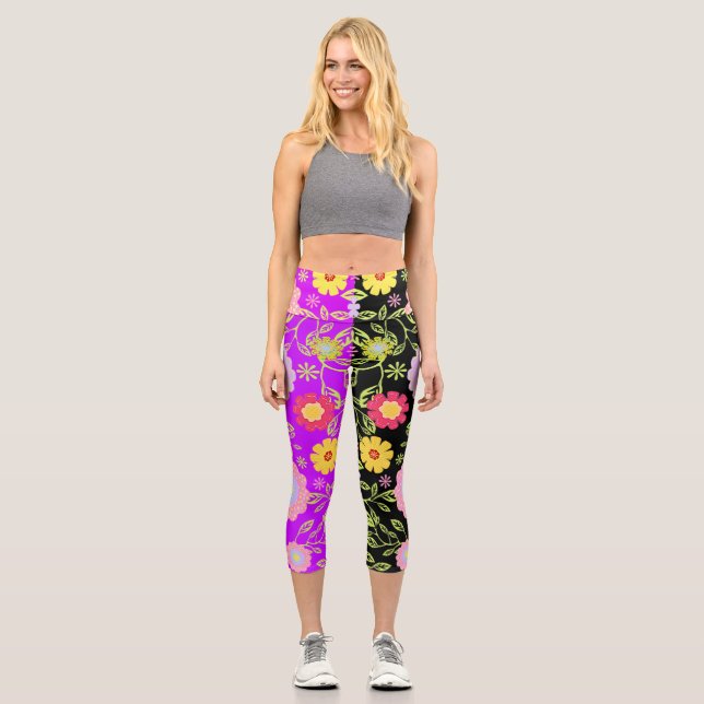 Floral Pop Art Painting Bi-Colour Pattern Capri Leggings (Front)