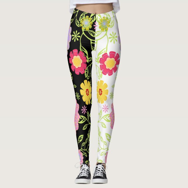 Floral Pop Art Painting Bi-Colour Pattern Leggings (Front)
