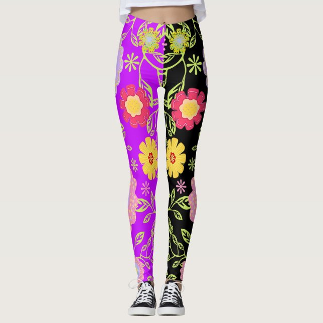 Floral Pop Art Painting Bi-Colour Pattern Leggings (Front)