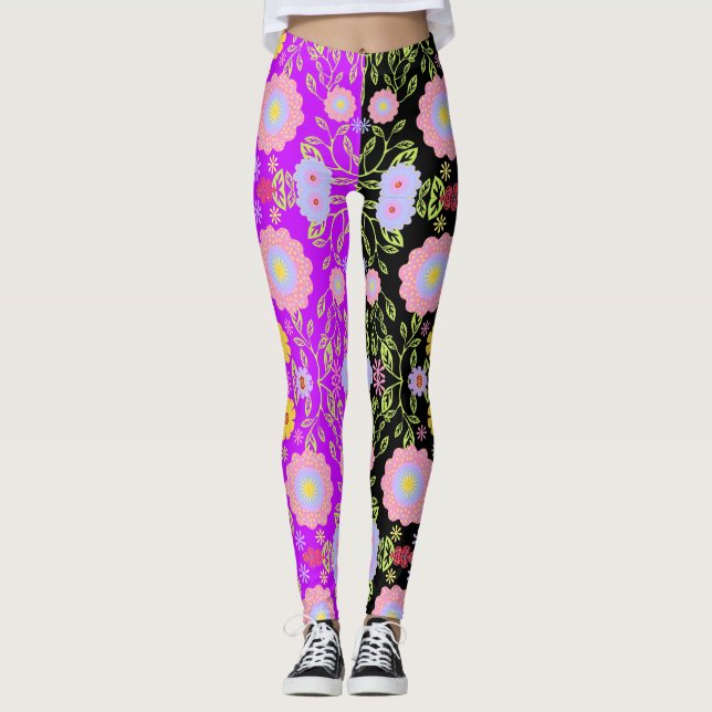 Floral Pop Art Painting Bi-Colour Seamless Pattern Leggings (Front)