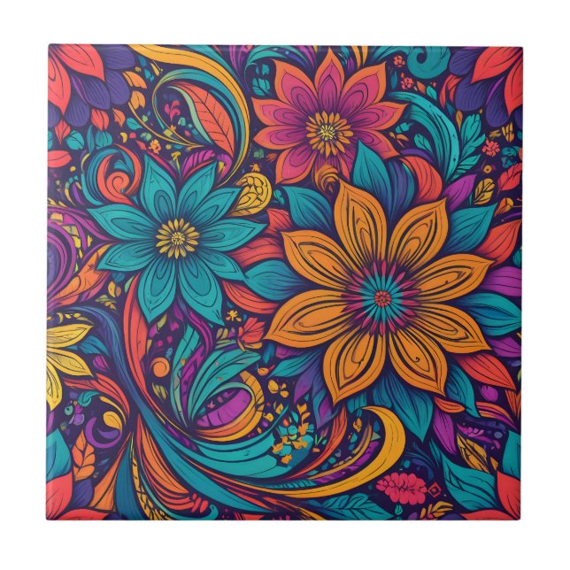 Floral pop art print ceramic tile (Front)