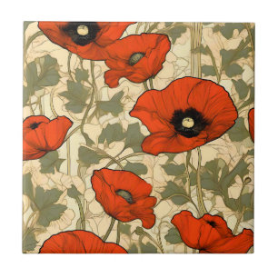 Floral Poppies Art Nouveau Ceramic Tile