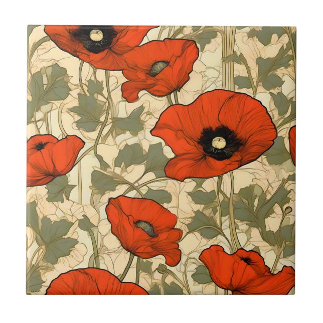 Floral Poppies Art Nouveau Ceramic Tile (Front)