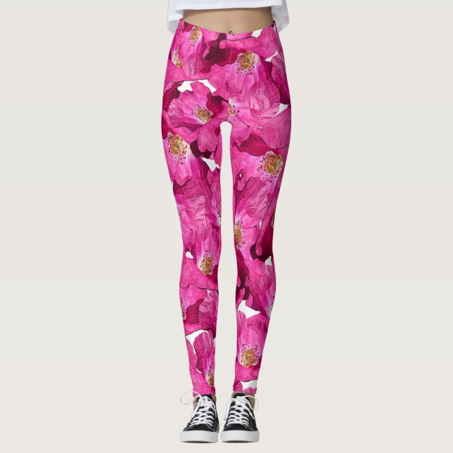 Floral poppies pink pattern. leggings (Front)