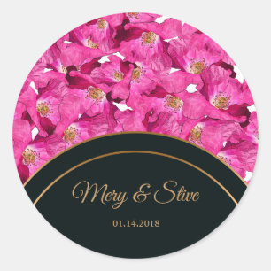 Floral poppies pink pattern.Monogram. Classic Round Sticker