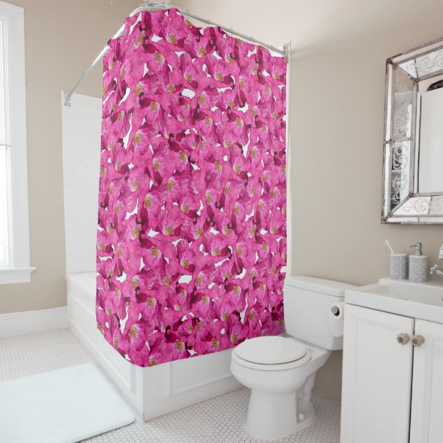 Floral poppies pink pattern. shower curtain (In Situ)