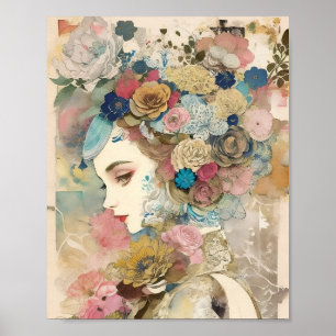 Floral Portrait Mixed Media Collage Ephemera Poster