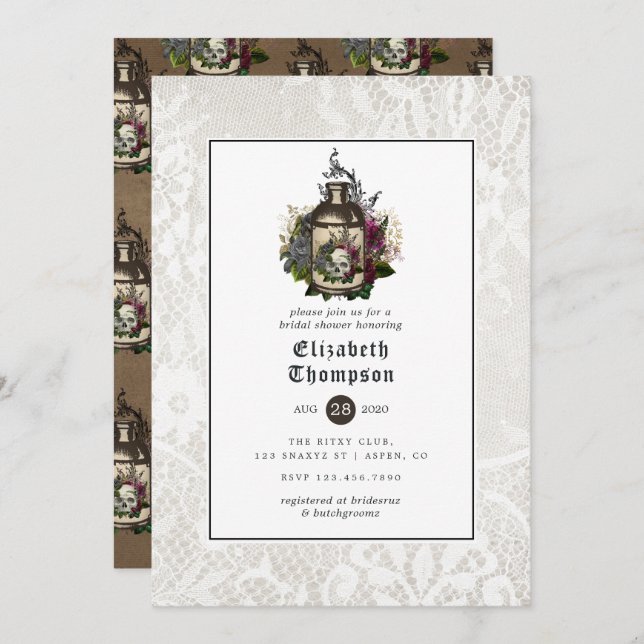 Floral Potion Bottle and Lace Gothic Bridal Shower Invitation (Front/Back)