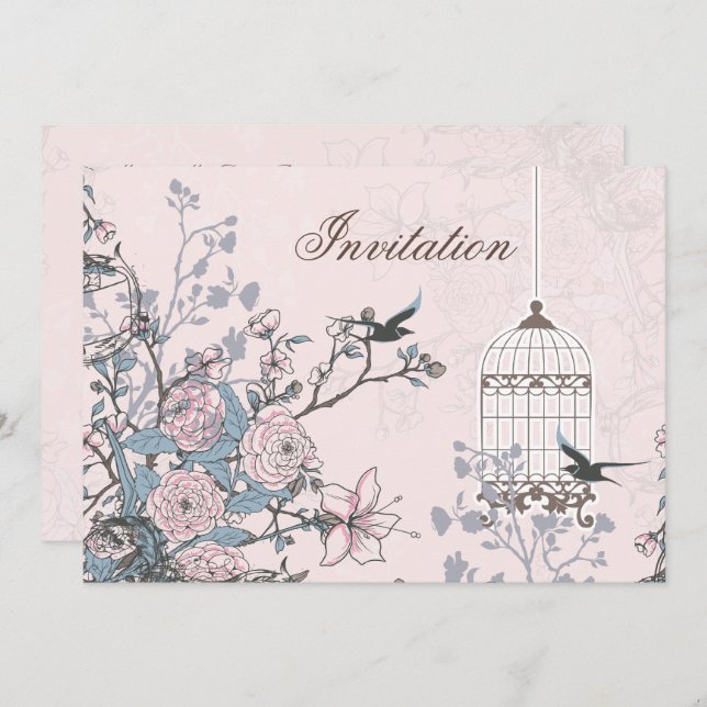 floral powder pink bird cage  love birds wedding invitation (Front/Back)