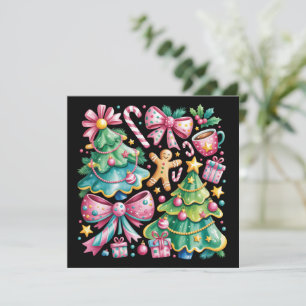 Floral Preppy Xmas Tree Bow Coquette Pink Blue Holiday Card