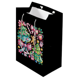 Floral Preppy Xmas Tree Bow Coquette Pink Blue Medium Gift Bag