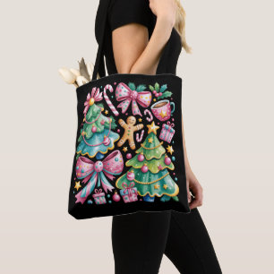 Floral Preppy Xmas Tree Bow Coquette Pink Blue Tote Bag