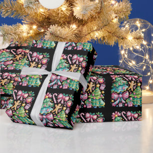 Floral Preppy Xmas Tree Bow Coquette Pink Blue Wrapping Paper