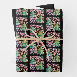 Floral Preppy Xmas Tree Bow Coquette Pink Blue Wrapping Paper Sheet