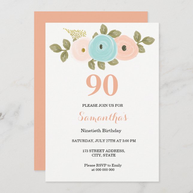Floral Pretty Peach 90th Birthday Invitation (Front/Back)