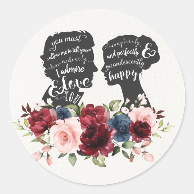 Floral Pride & Prejudice Jane Austen Wedding Favor Classic Round Sticker (Front)