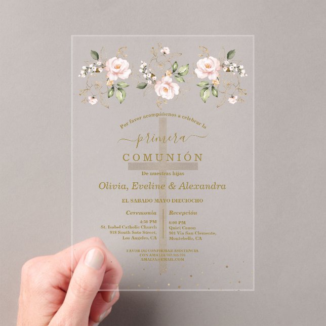 Floral Primera Comunión Triplets Holy Communion Acrylic Invitations (Insitu (Handheld))