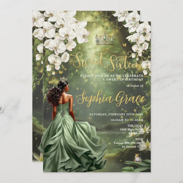 Floral Princess and Frog Sage Green Dress Sweet 16 Invitation (Front/Back)