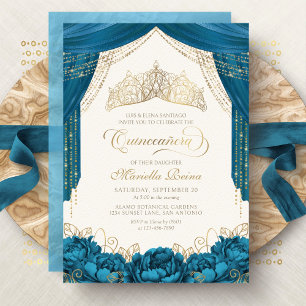 Floral Princess Crown Teal Quinceanera Invitation