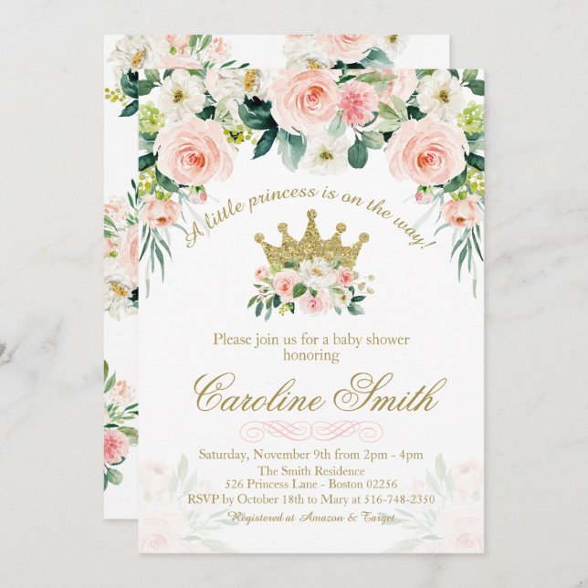 Floral Princess Gold Crown Baby Shower Invitation (Front/Back)