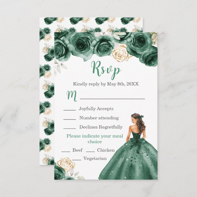 Floral Princess in a Dark Green Dress Meal Choice RSVP Card (Front/Back)