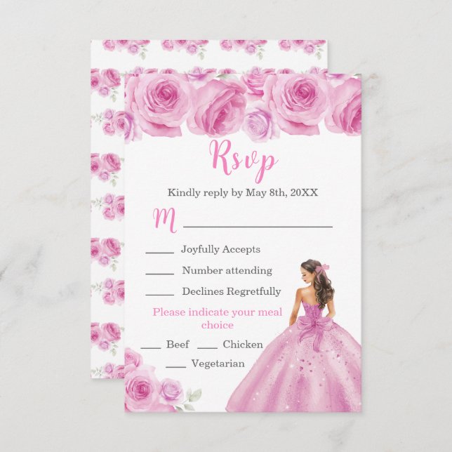 Floral Princess in a Light Pink Dress Meal Choice RSVP Card (Front/Back)