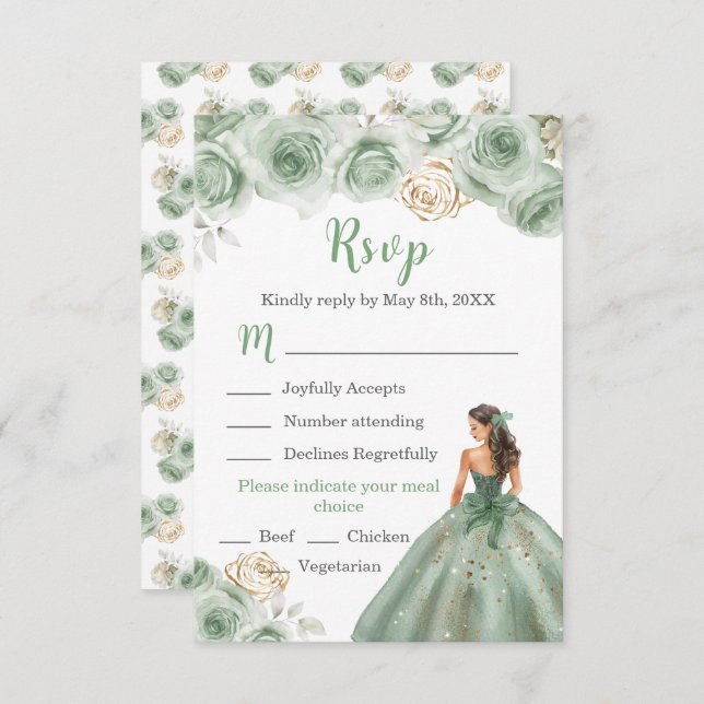 Floral Princess in a Sage Green Dress Meal Choice RSVP Card (Front/Back)