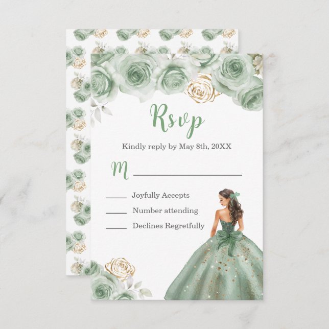 Floral Princess in a Sage Green Dress Meal Choice RSVP Card (Front/Back)