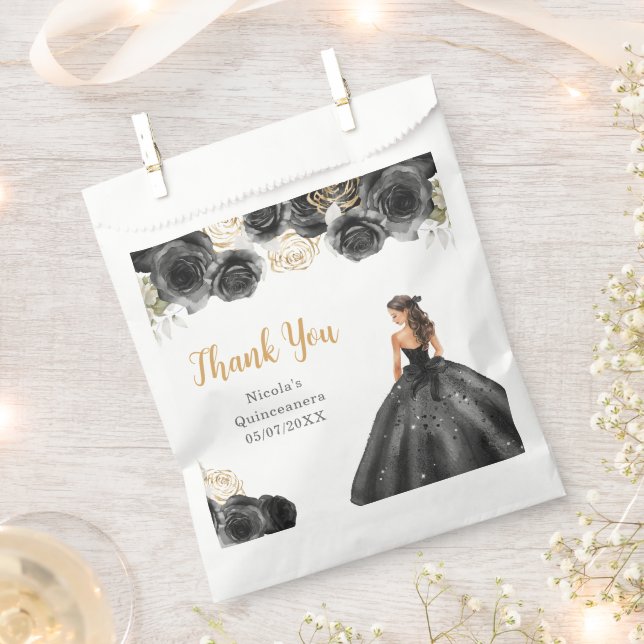 Floral Princess in Black Dress Quinceanera Favour Bag (Clipped)
