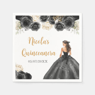 Floral Princess in Black Dress Quinceanera Napkin