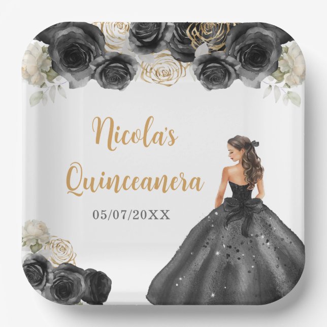 Floral Princess in Black Dress Quinceanera Paper Plate (Front)